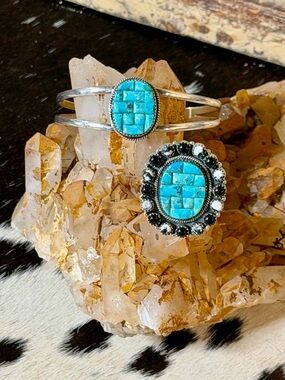 Unlisted Turquoise Inlay Silver Cuff Bracelet and Ring Set